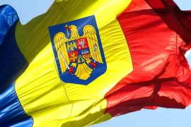 Drapel cu Stema Romaniei imprimata, satin, dubla fata, material lucios